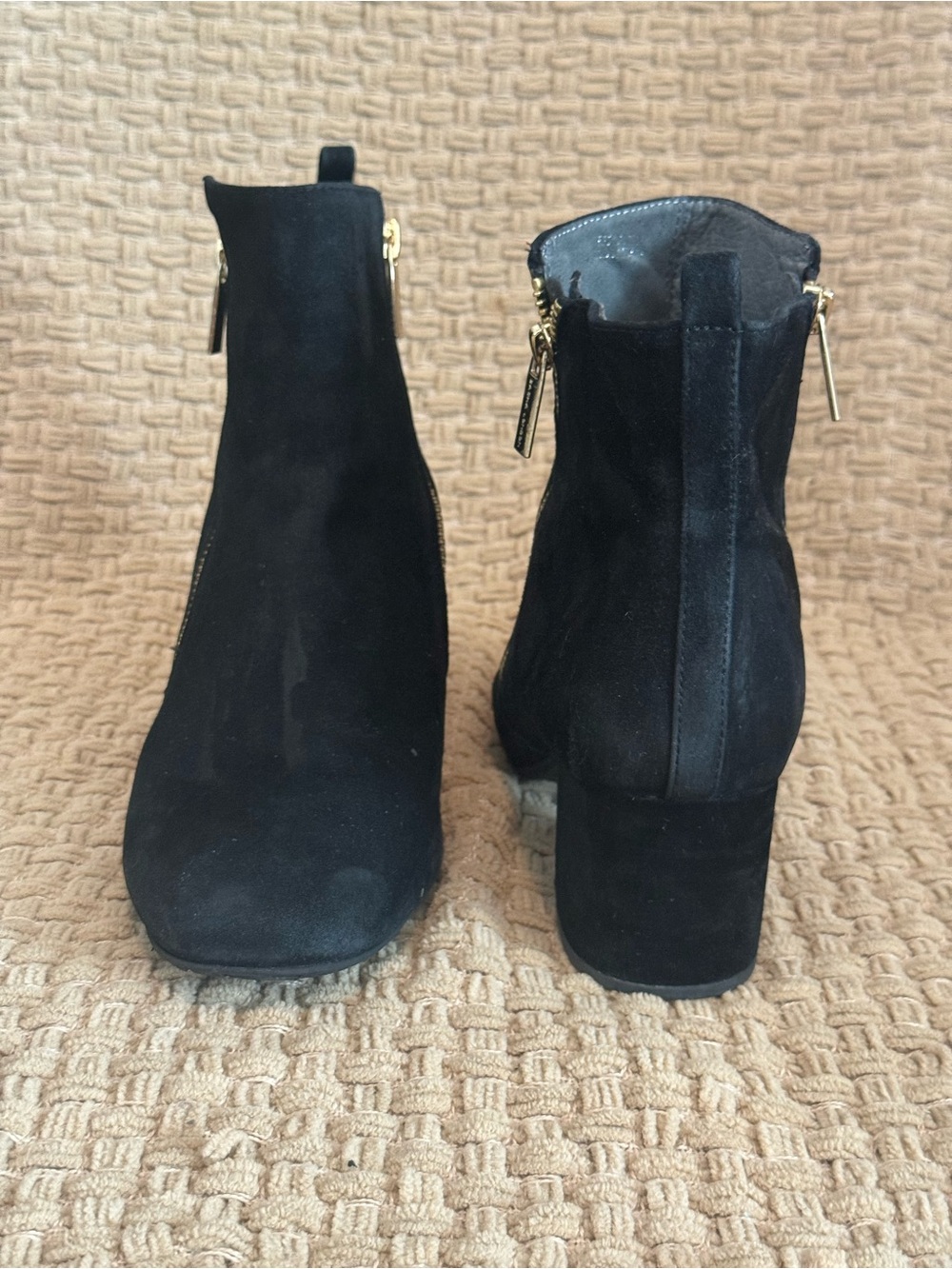 Sacha London Black Suede Ankle Boots with Block Heel and Gold Zipper